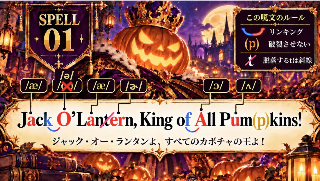 修正版のSPELL 01。Jack O'Lantern, King of All Pumpkins! の O' の上の発音記号を /oʊ/ から /ə/ に訂正。